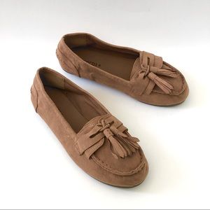 Brown faux suede ballerina moccasins with tassels